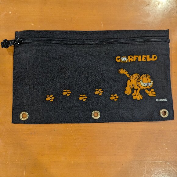 Vintage Garfield Fabric Pencil Bag Paws Embroidered Face Three Ring - Picture 1 of 2